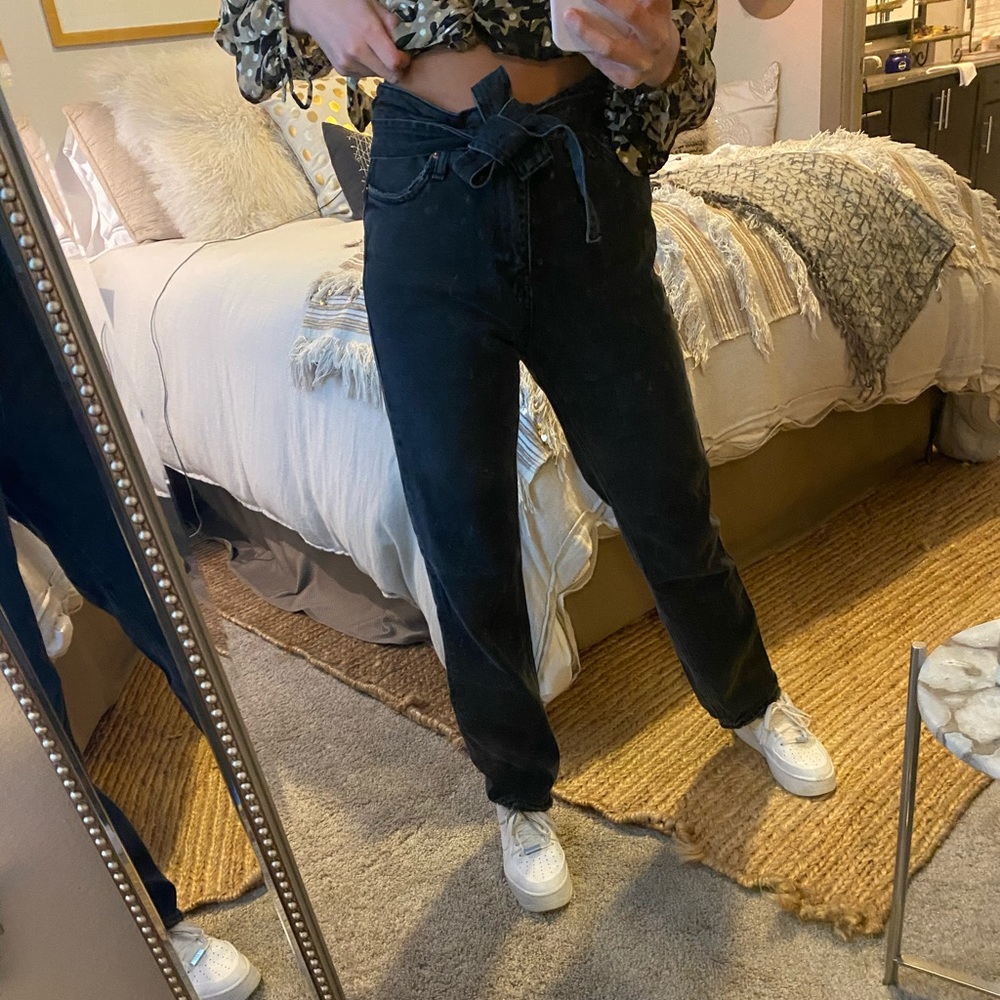 Zara Black Paperbag Waist Tie Jeans